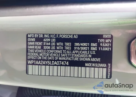 2020 Porsche Cayenne z USA, uszkodzony, nr VIN WP1AA2AY5LDA07474